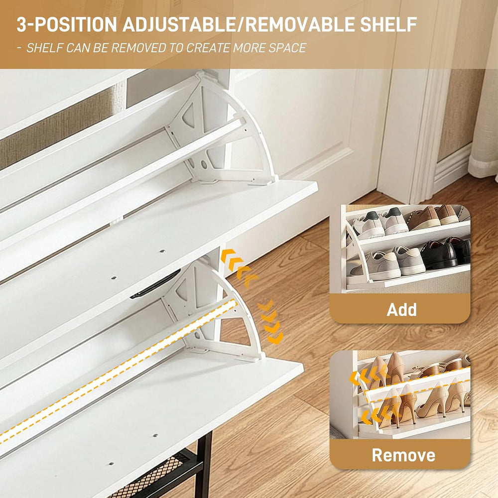 Karl home White Farmhouse Shoe Cabinet, Cushioned Entryway Bench Organizer