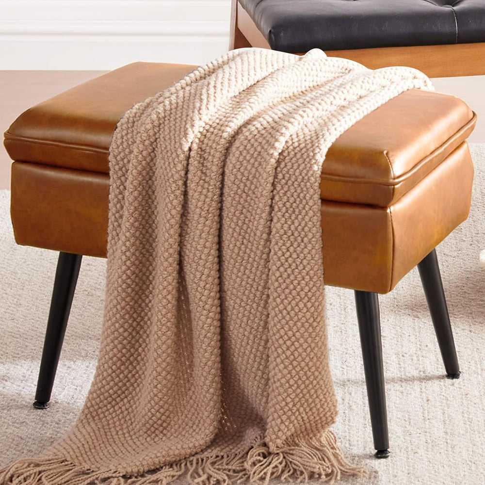 Square Storage Ottoman Upholstered Vanity Accent Stool Cognac Brown