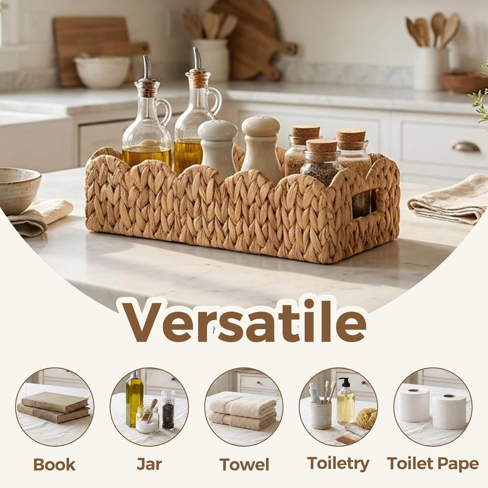 2 Pack Scalloped Water Hyacinth Toilet Paper Storage Basket with Handle