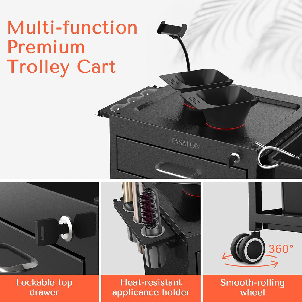 TASALON Wheeled Lockable Metal Salon Cart with Drawers & 2 Magnetic Bowls
