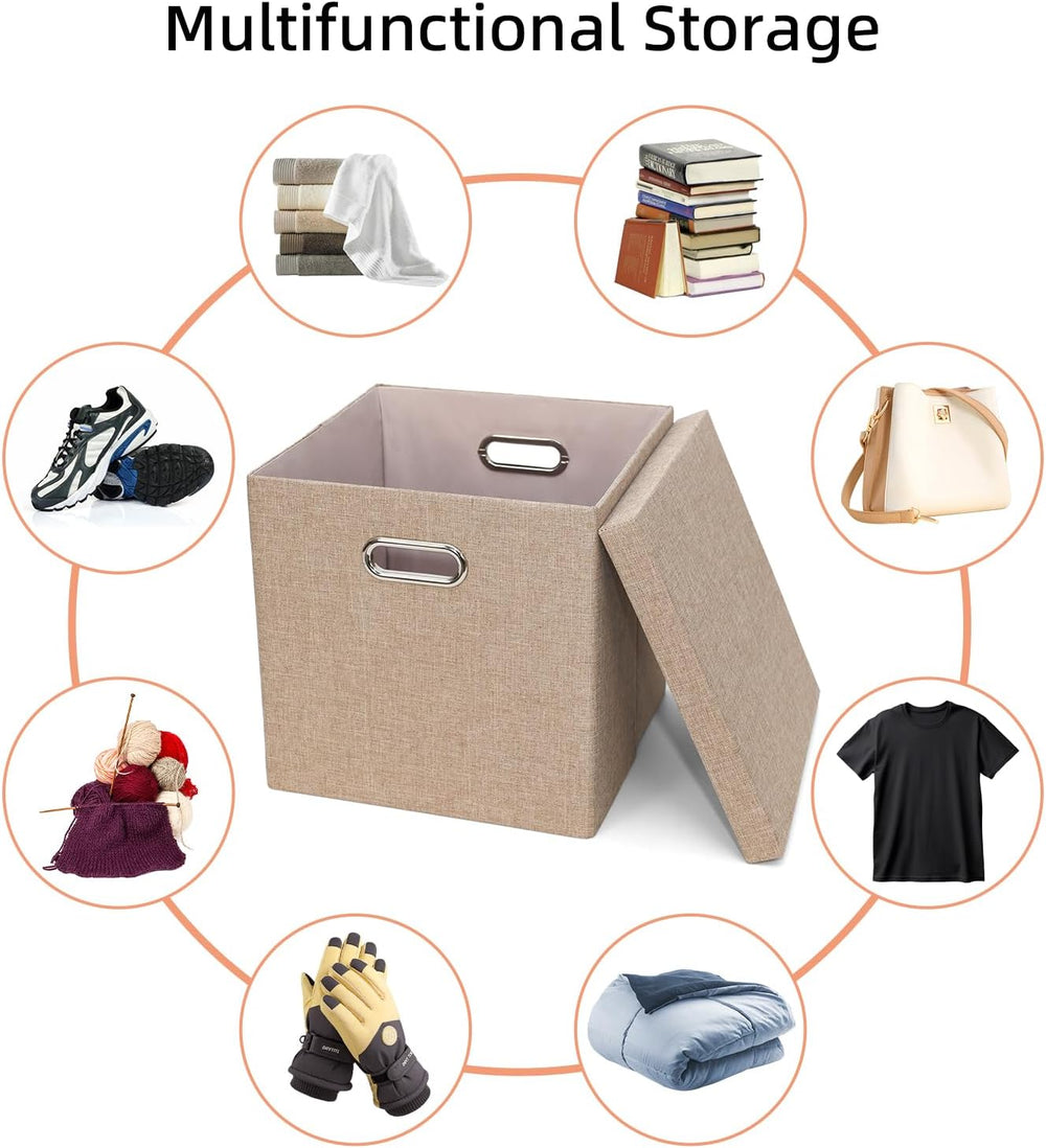 Storage Bins with Lids, Linen Fabric Boxes Organizer Containers with Lid Fold...