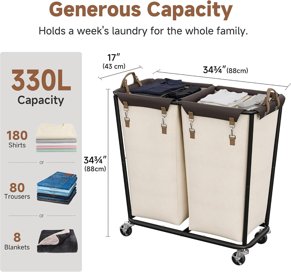 StorageWorks 2 Section Laundry Hamper, 330L Extra Large Beige Rolling Cart