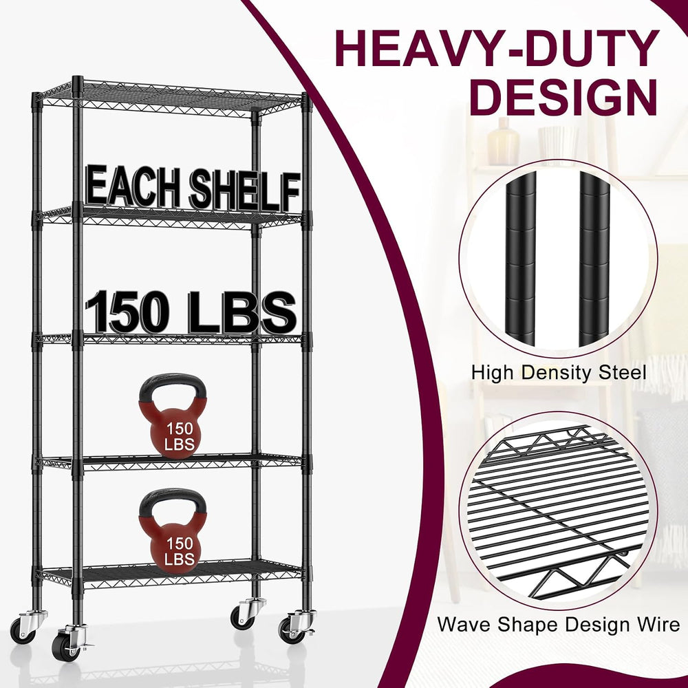 2 Pack 5-Tier Metal Wire Shelving Unit with Wheels & Feet, 14" D x 3...