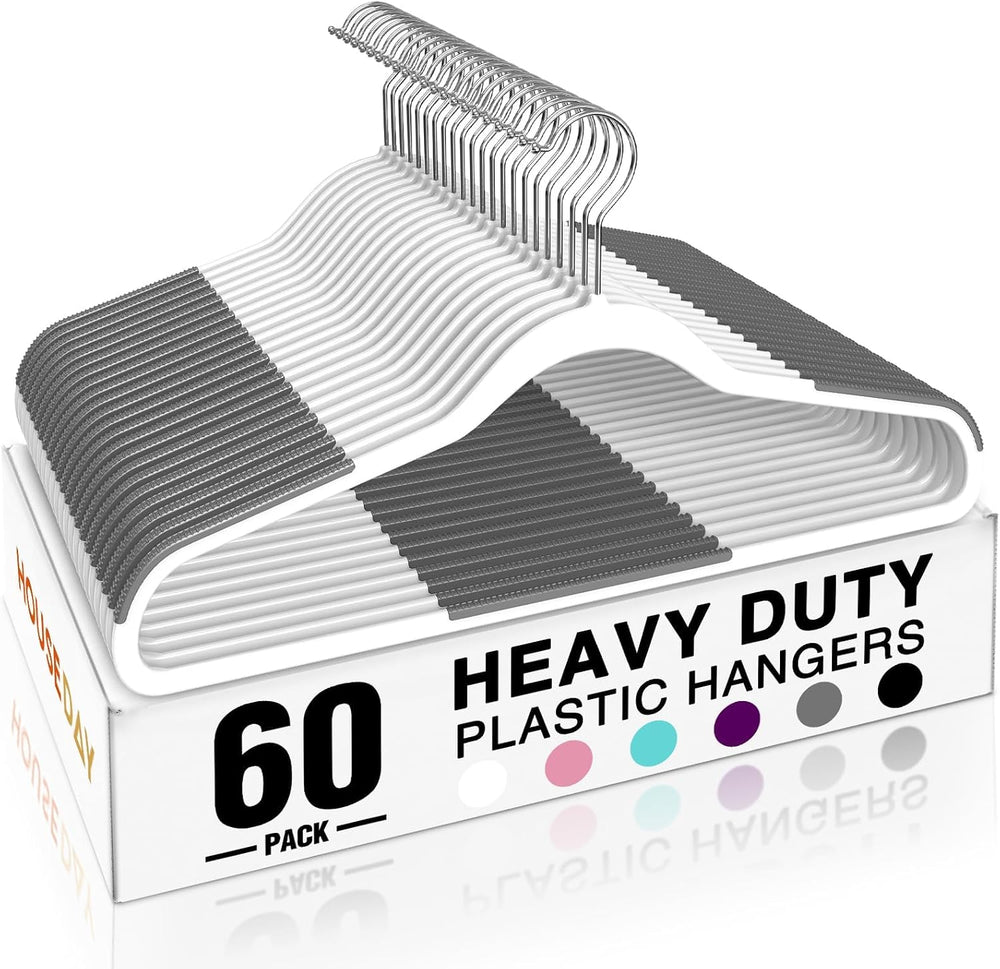 HOUSE DAY Non Slip Plastic Clothes Hangers 60 Pack with Rubber Pads, White