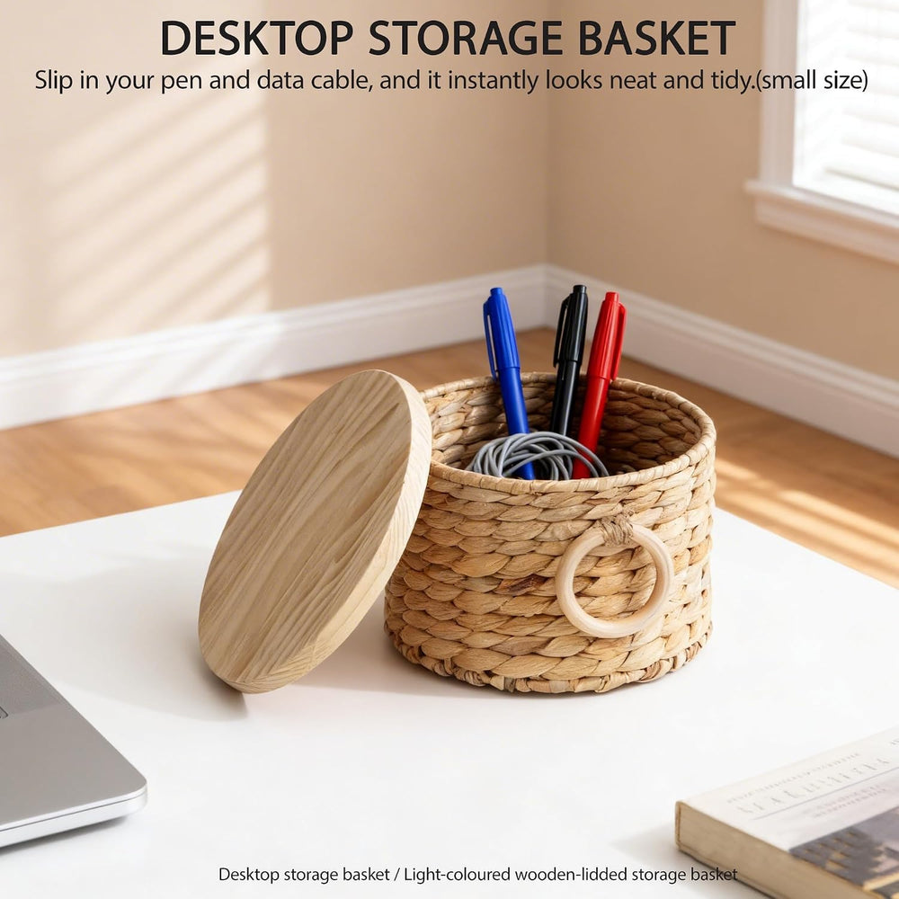 Woven Water Hyacinth Storage Basket Set of 2 with Lids
