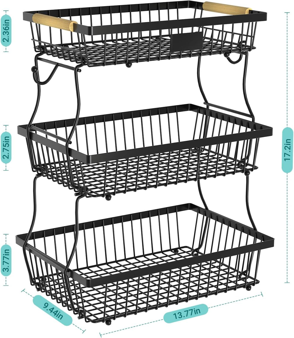 3 Tier Fruit Basket for Kitchen Counter with 2 Banana Hangers, Countertop Met...