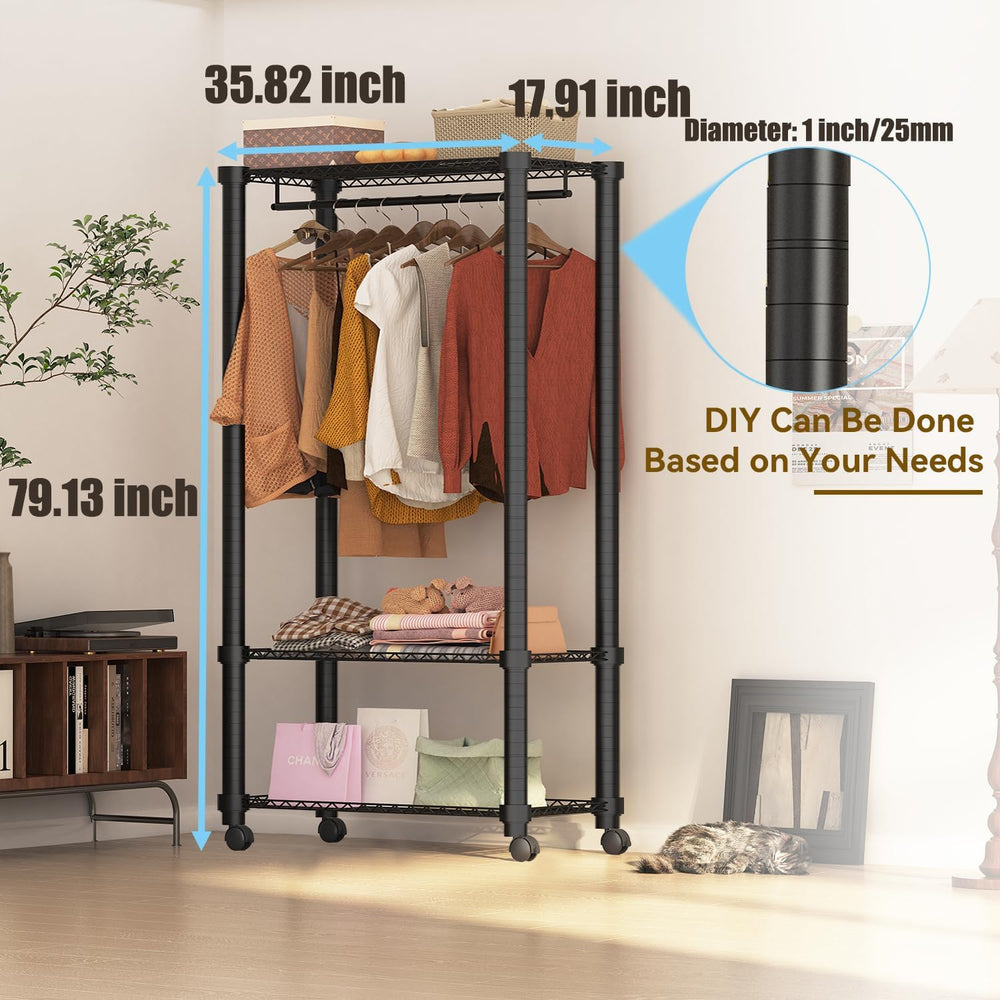 Moogiitools Heavy Duty Rolling Garment Rack 3 Tiers Adjustable with 25mm thic...
