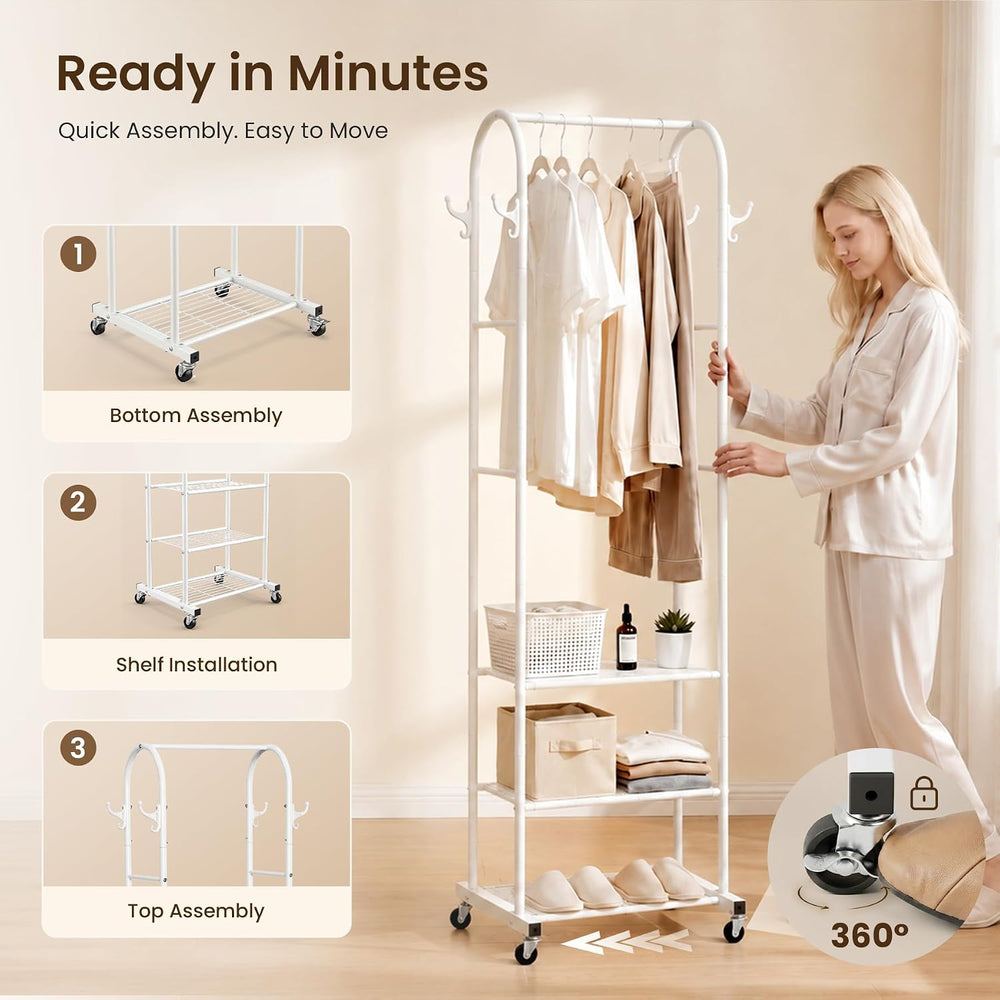 Cesun Small Clothes Rack with 3-Tier Mesh Shelves & 8 Hooks, White