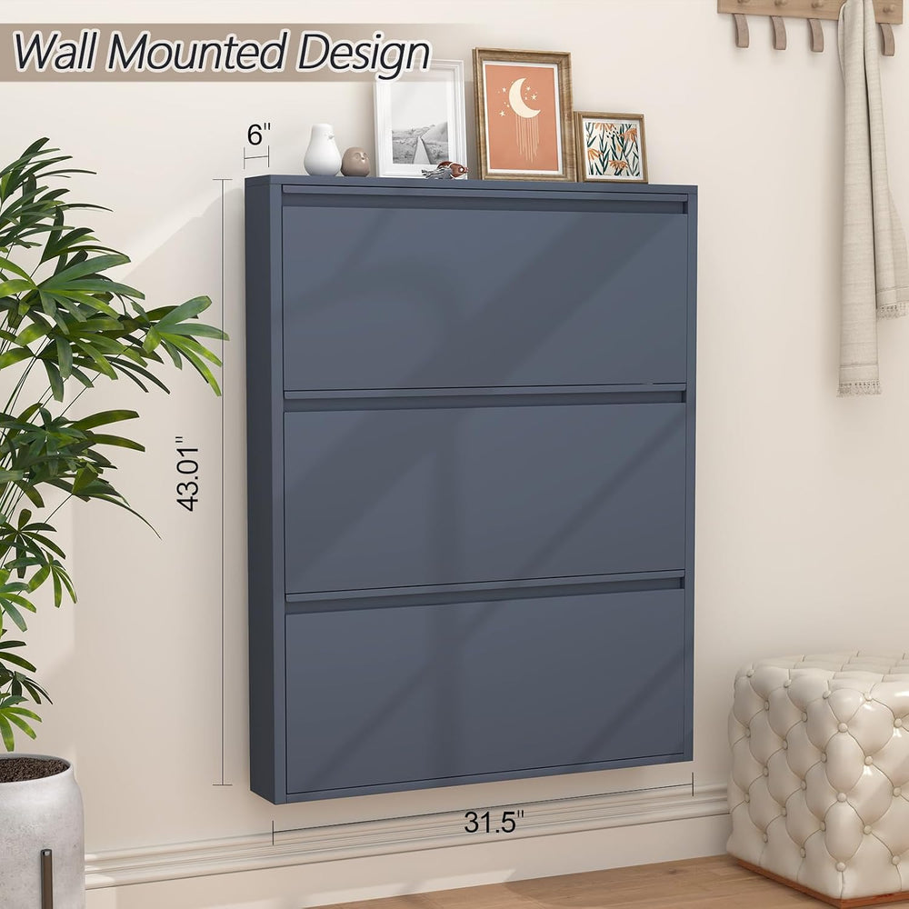 GREATMEET Slim Wall Mounted Metal Storage Cabinet with 3 Flip Drawers