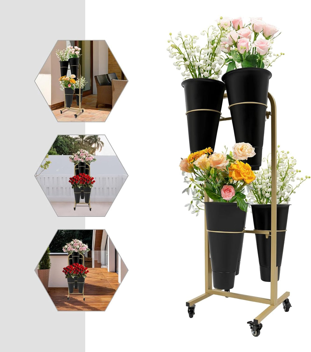 Flower Display Stand with 6 Buckets, 2 Layers Plant Stand, Metal Flower Cart ...