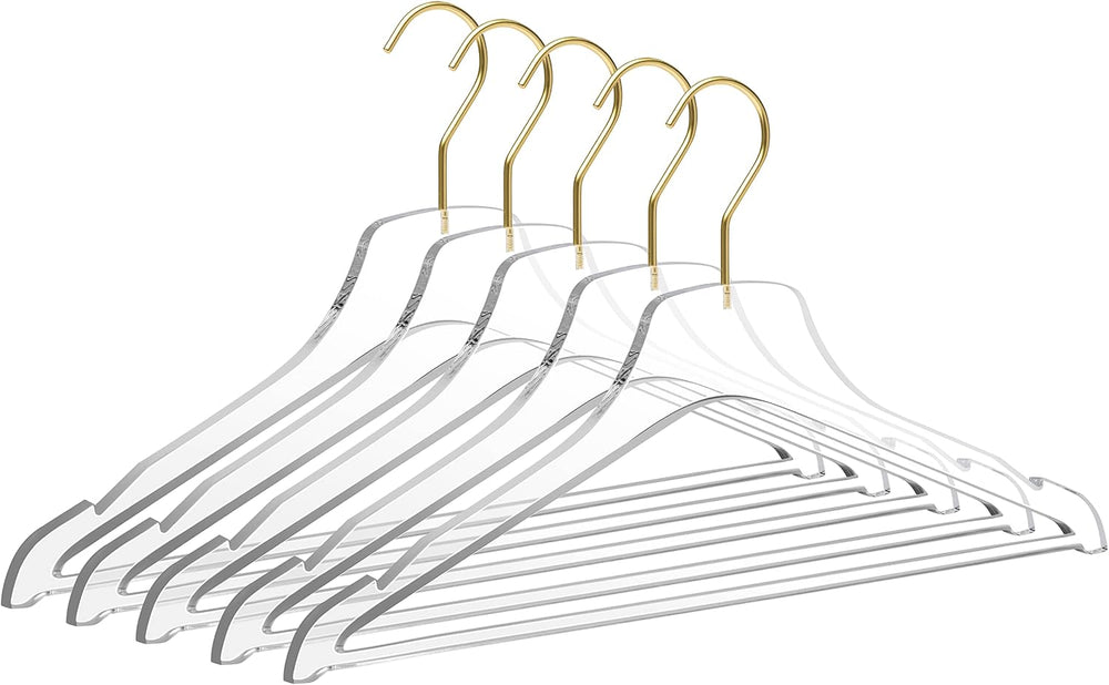 Quality Hangers Acrylic Clear Lucite Hangers - 5-Pack with Bar Matte Gold Hoo...