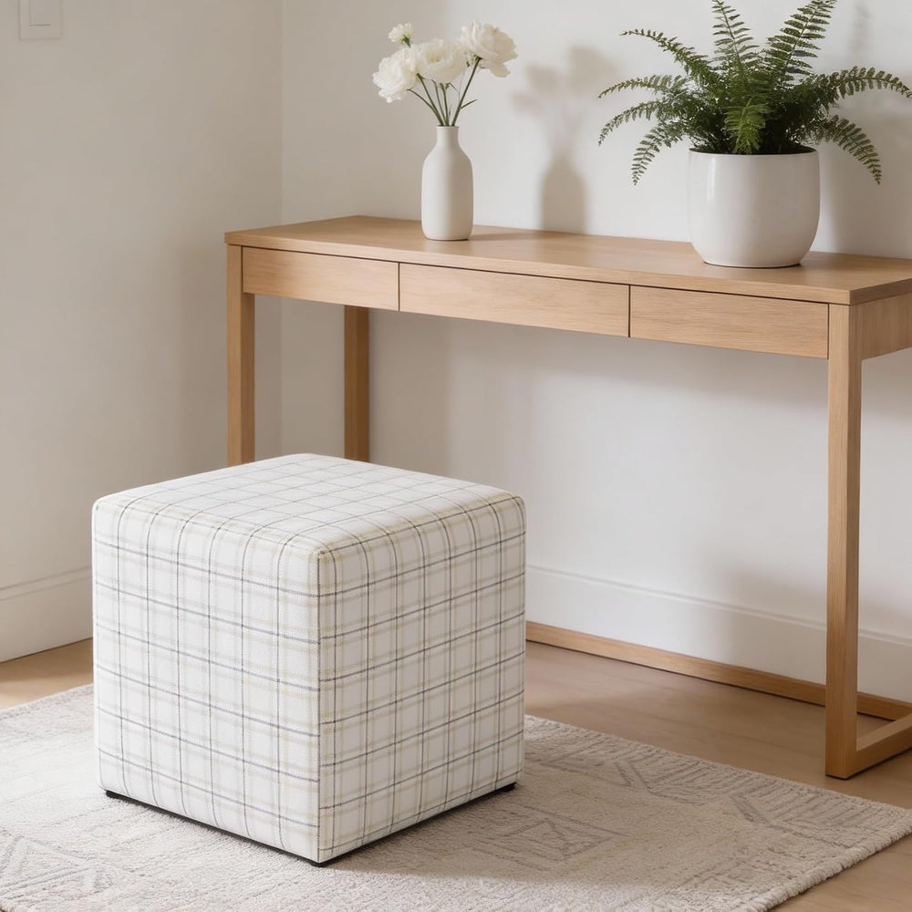 HomePop 19" Square Ottoman - Natural Plaid Woven Fabric