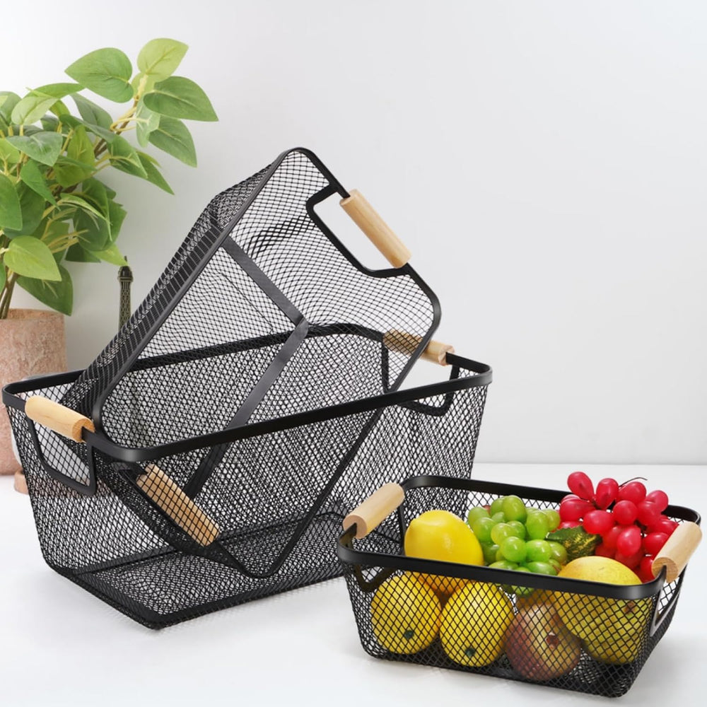Noamus 3 Pack Metal Mesh Basket with Wooden Handle, Farmhouse Wire Steel Stor...