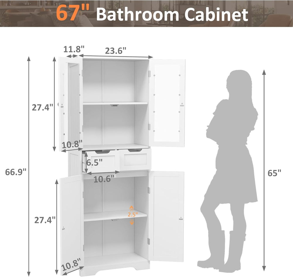 Betterhood 67" Tall Bathroom Storage Cabinet, Freestanding Bathroom Cabi...