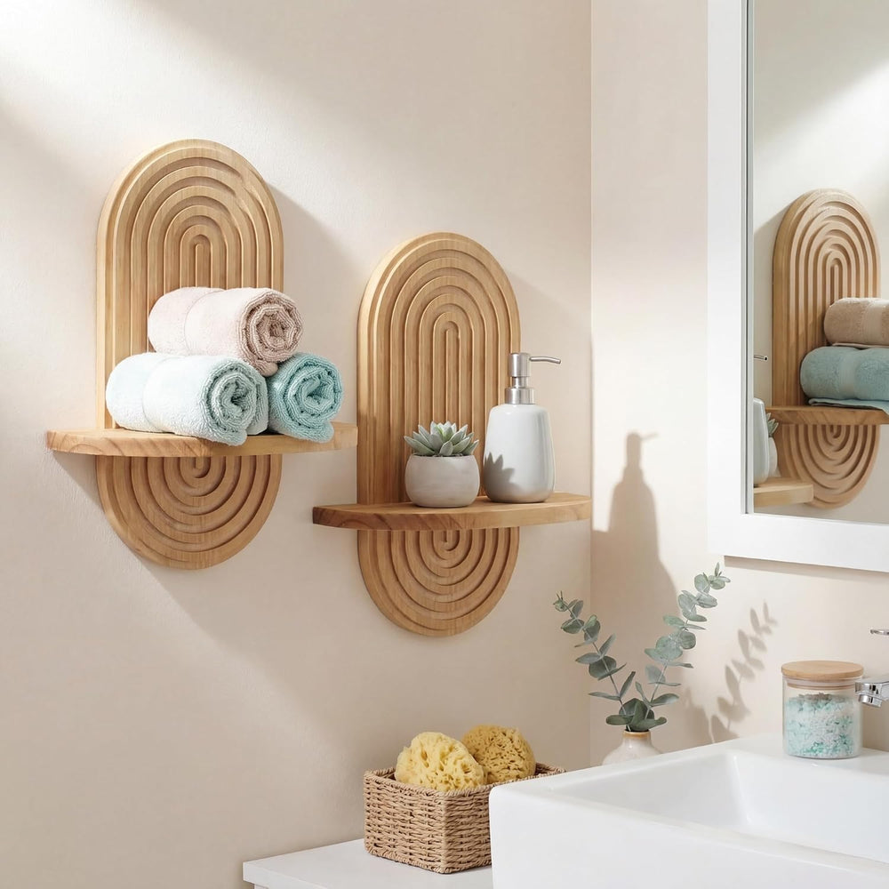 Heiple Set of 2 Boho Arched Floating Shelves 15.7”x 7.8” Plant Wooden Hanging...