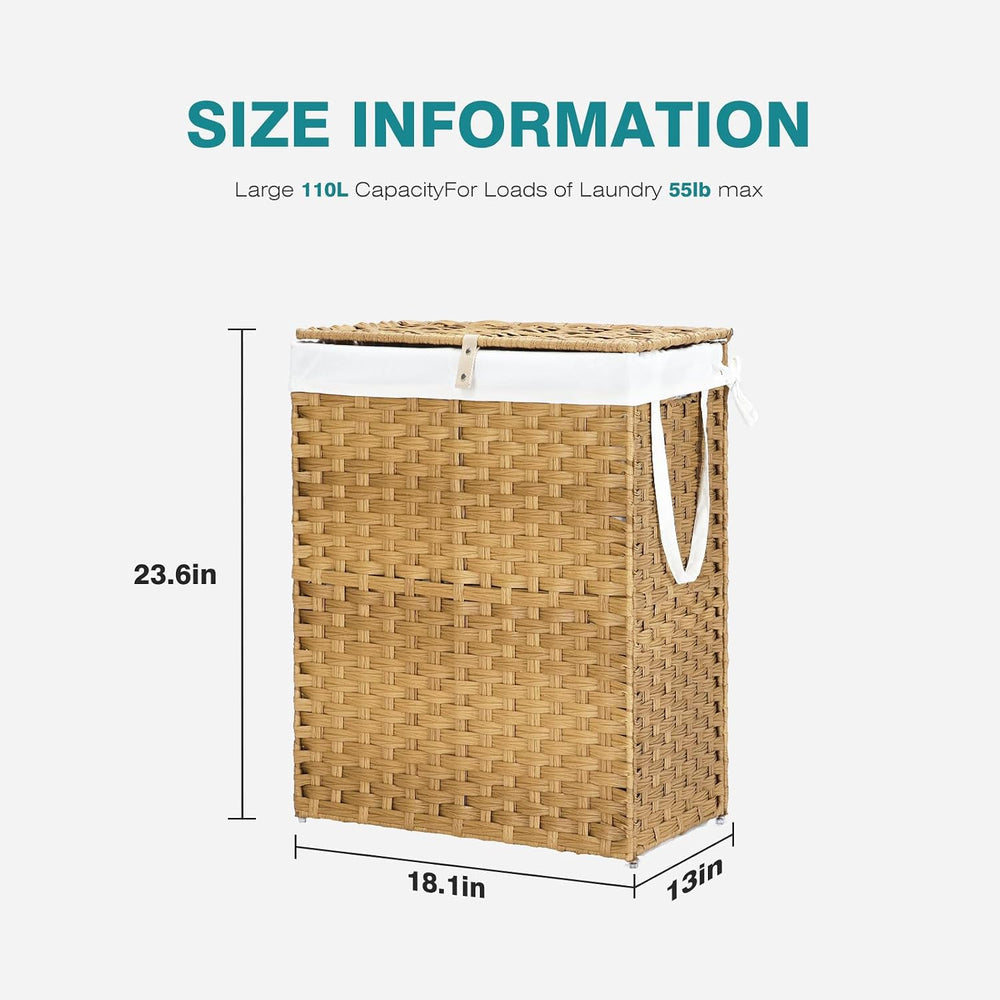 DUMOS Laundry Basket with Lid, 90L Wicker Laundry Hampers, Goose Yellow