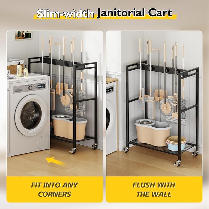 BORISI Broom And Mop Holder, Movable Broom Closet Storage Cabinet, Cleaning Cart