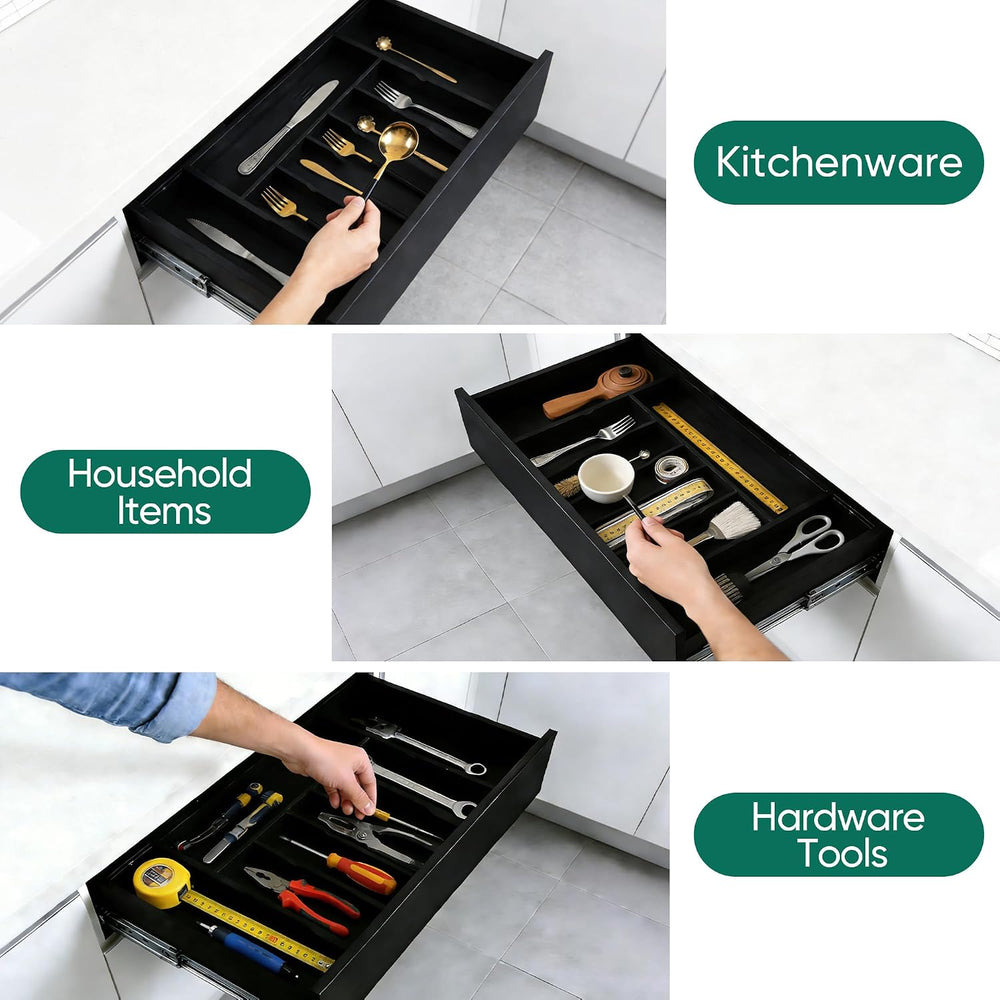 Bamboo Silverware Organizer, Expandable 9-Compartment Drawer Tray