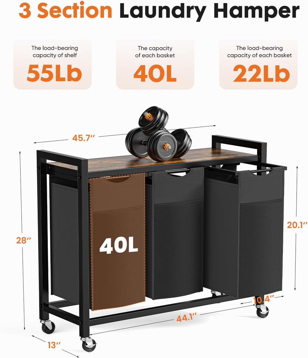 NEWBULIG Laundry Hamper Sorter, Rolling Laundry Basket, 3 x 10.6 Gal