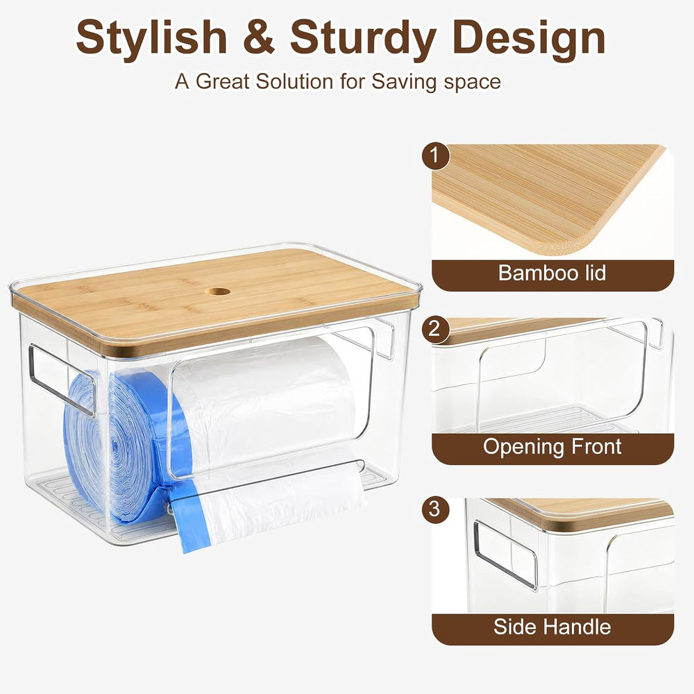 Trash Bag Holder with Bamboo Lid, Stackable Trash bag Dispenser with 2-tier R...