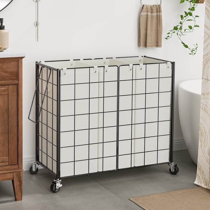 WOWLIVE Laundry Basket 3 Section with Wheels, Metal Rolling Laundry Hamper