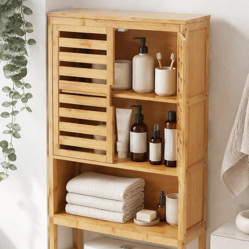 67-inch Bamboo Over the Toilet Storage Cabinet with 2 Doors, Natural