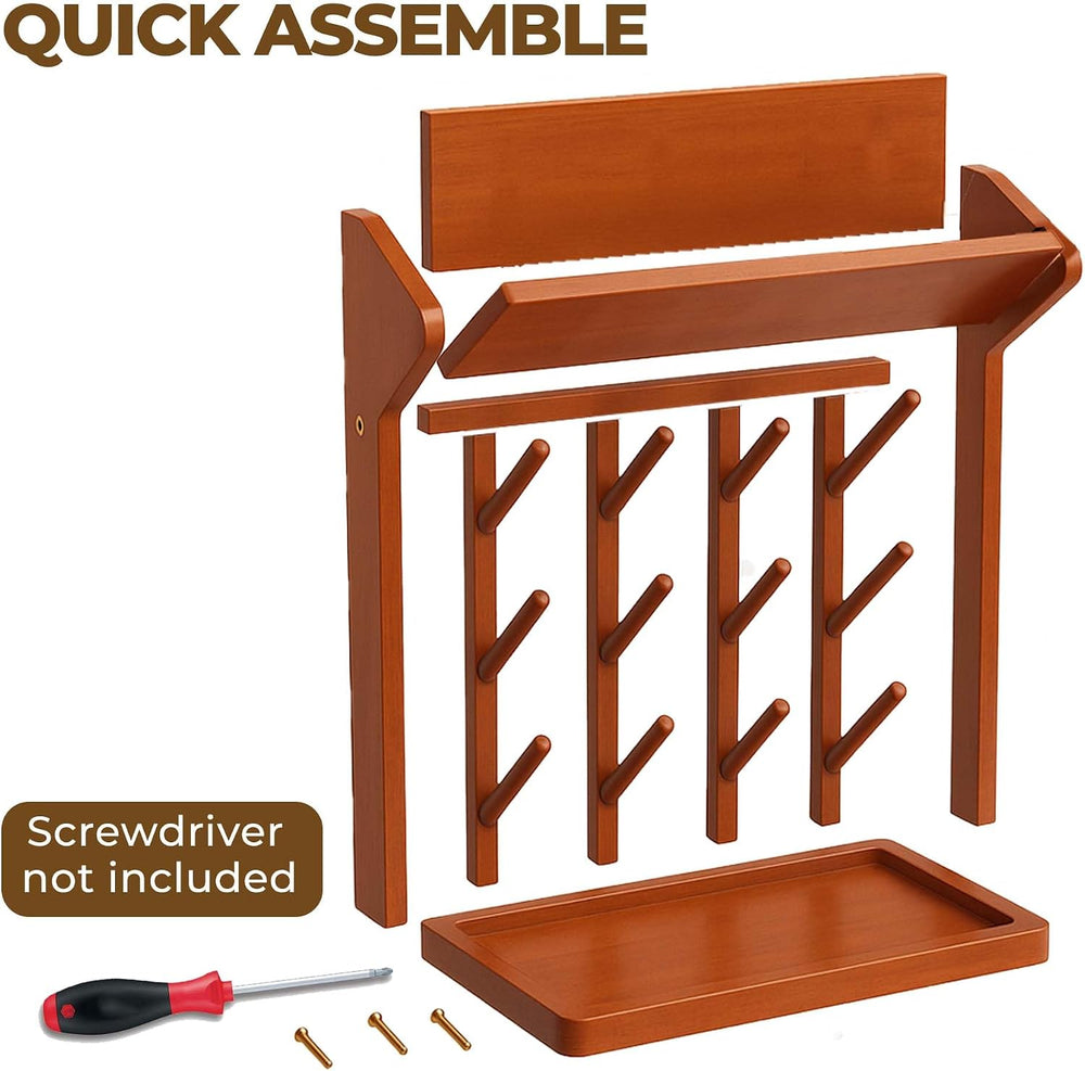 Brown Vertical Bottle Drying Rack Rubber Wood 9 Hooks, Use for Bottles, Cups,...