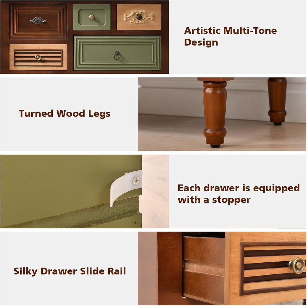Ahokua Vintage Accent Cabinet with 5 Drawers and Open Shelf, Multi-Tone Conso...