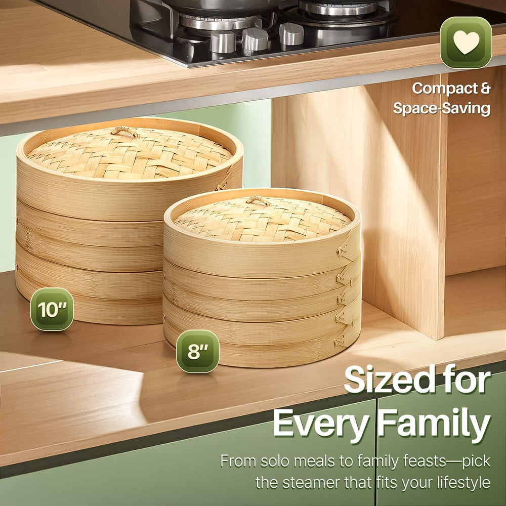 Flexzion Bamboo Steamer Basket Set (8 inch), 50 x Steamer Liners and 2 Pairs ...