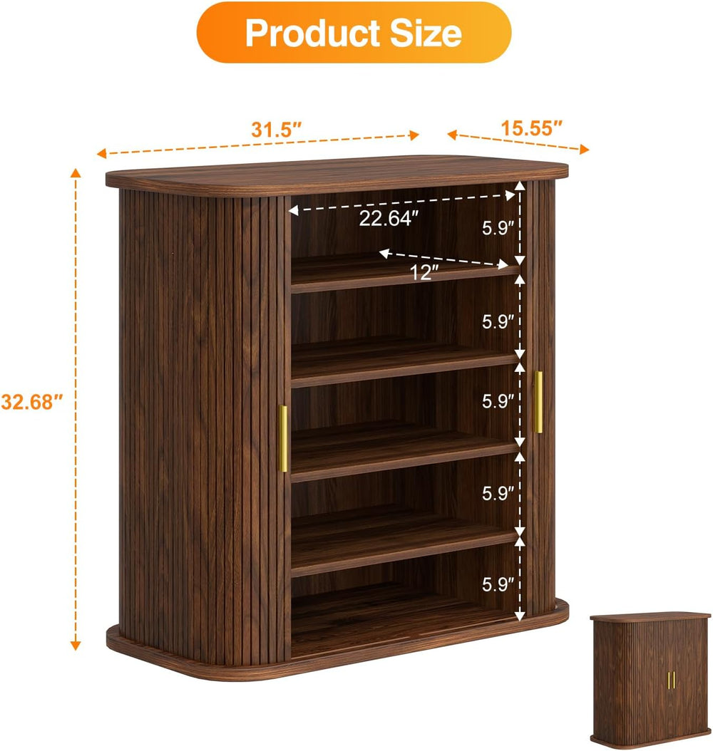 UNIQUITE 5-Tier Sliding Door Shoe Cabinet, Adjustable Shelves Wooden Shoe Sto...