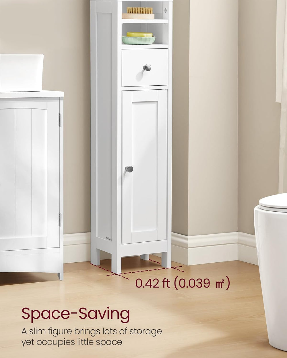 VASAGLE Tall Bathroom Cabinet, Slim Freestanding, Drawer, Open Compartments