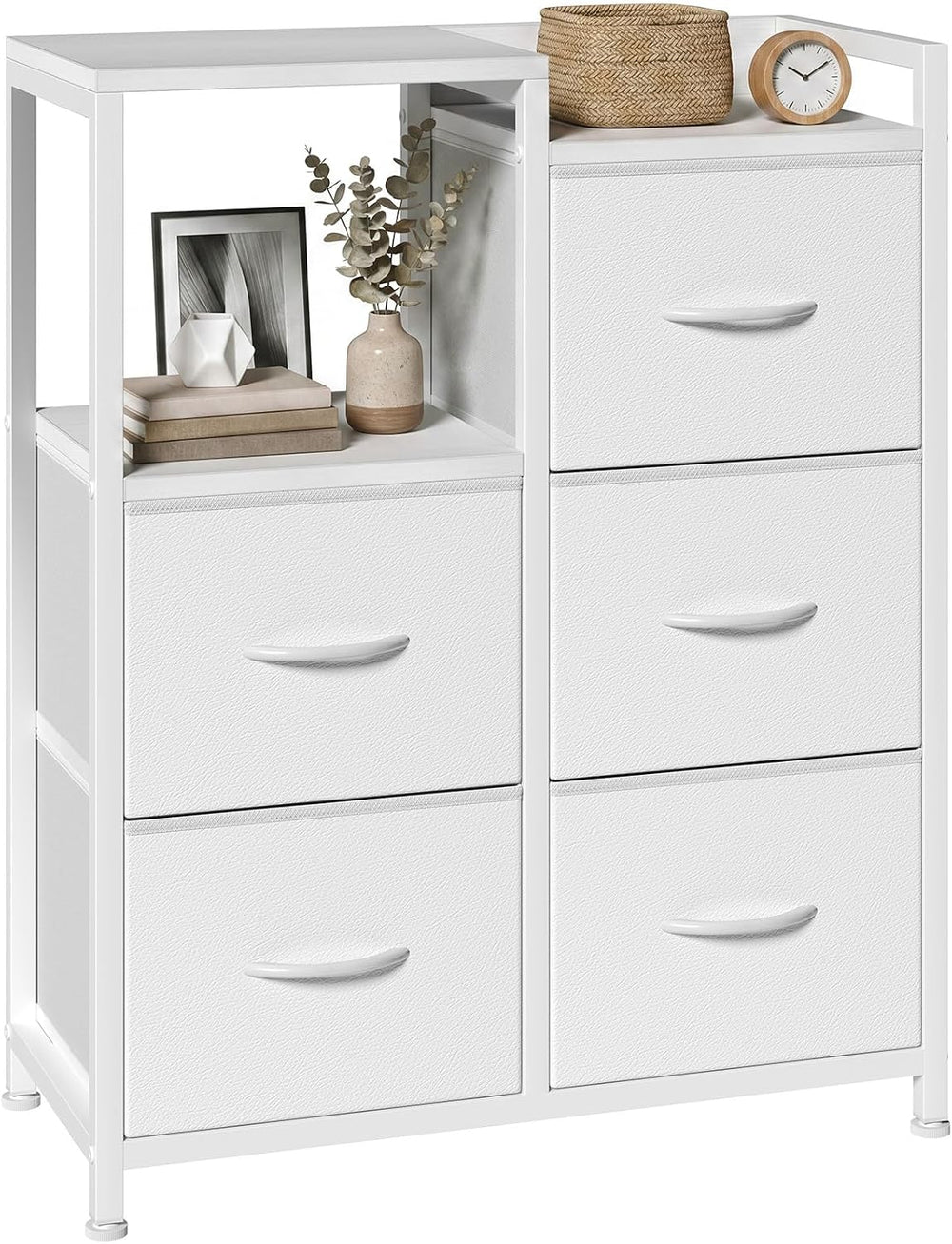 OLIXIS Fabric Dresser, 5 Drawer White Storage Tower with Open Shelf