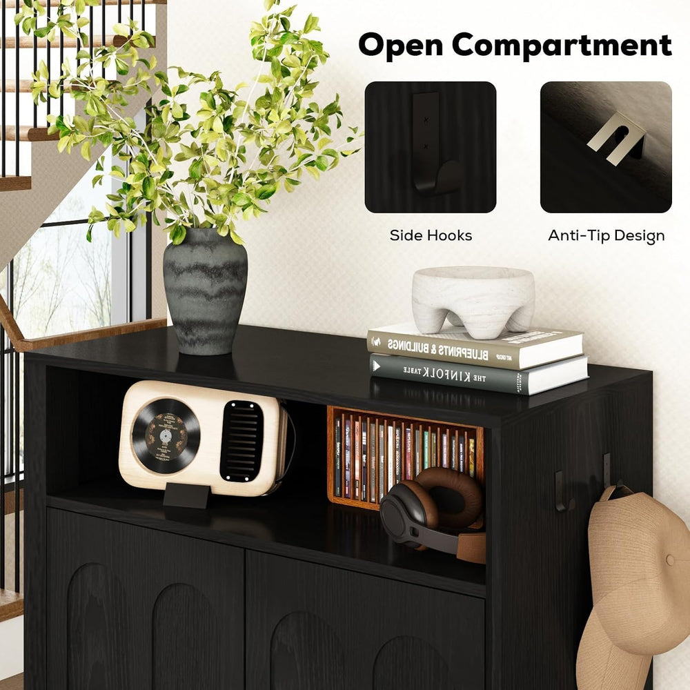 Set of 2 Shoe Cabinet with Arched Doors, 43" Hidden Storage, Black