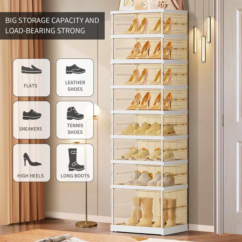 EHAMILY 8-Tier Foldable Shoe Rack Organizer with Doors, 16 Pairs, White