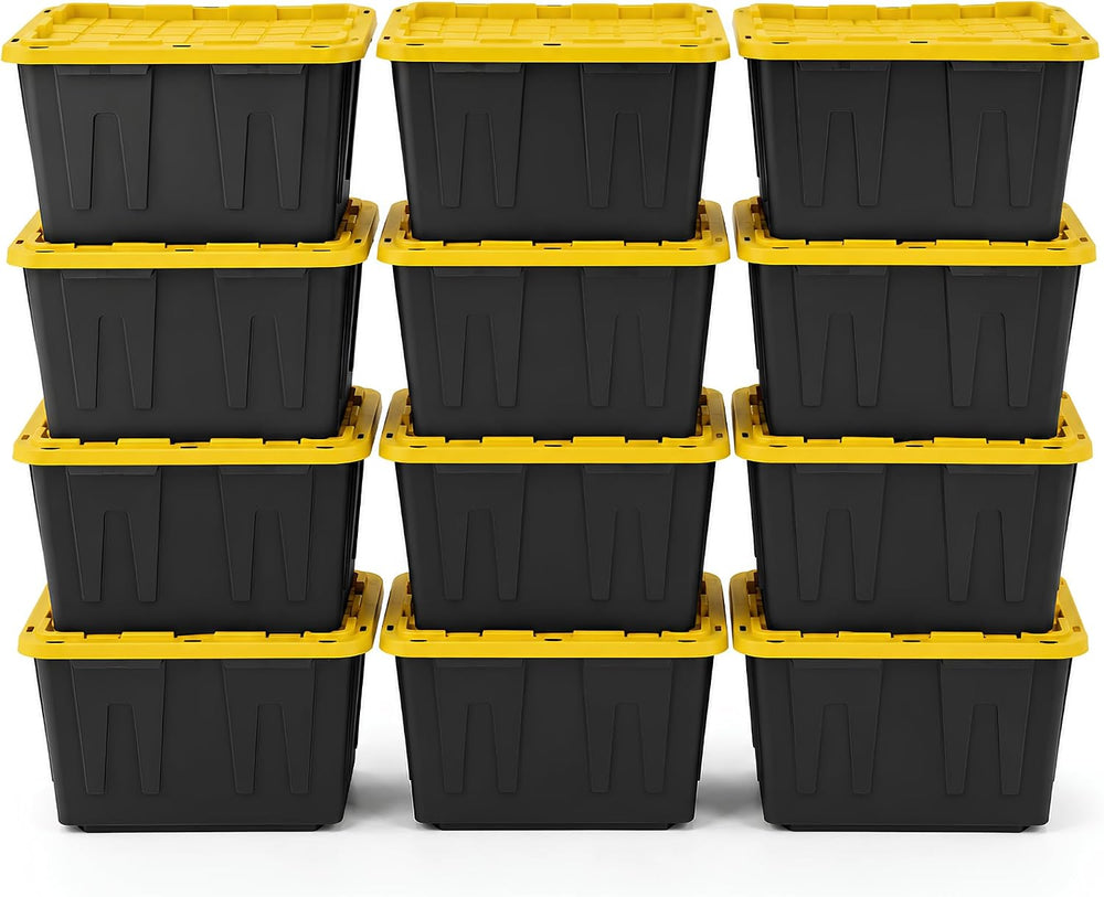 12-Pack Heavy Duty Storage Totes with Lids, 27 Gallon - Stackable Plastic Sto...