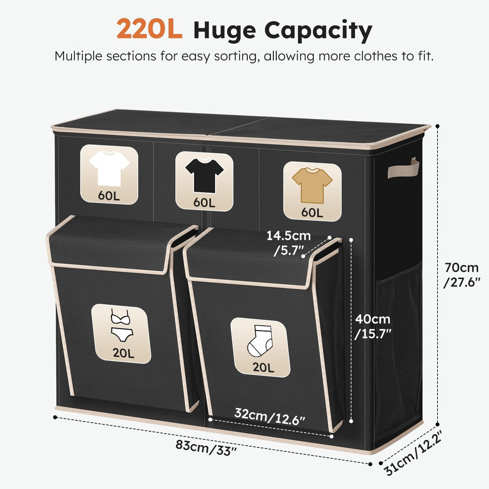 SOLEDI 220L Laundry Hamper 3 Section with Lid and 2 Side Pockets