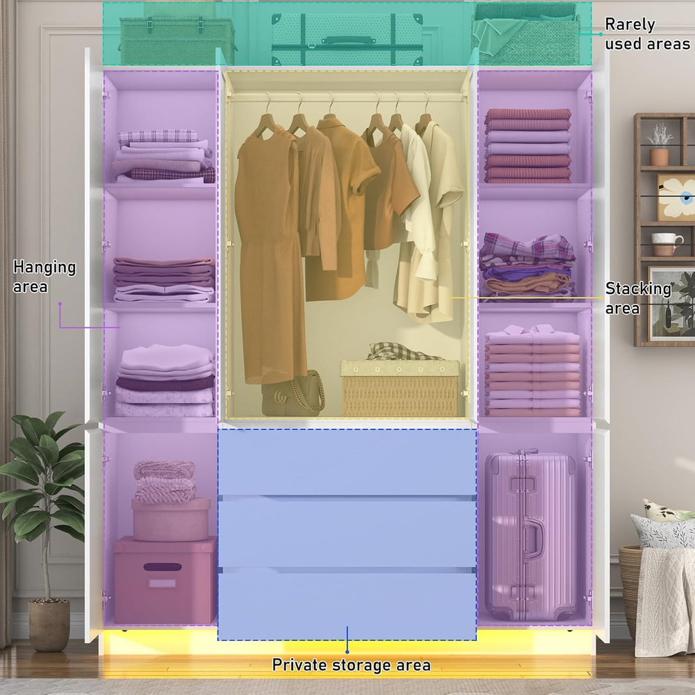 4 Doors Armoire Wooden Wardrobe Closet with 3 Drawers & 2 Mirror, 75"...