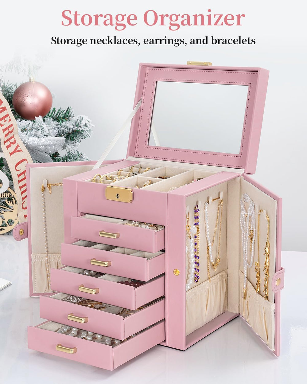 TORIBIO Large Jewelry Box for Women, Leather Jewelry Organizer with Mirror &a...