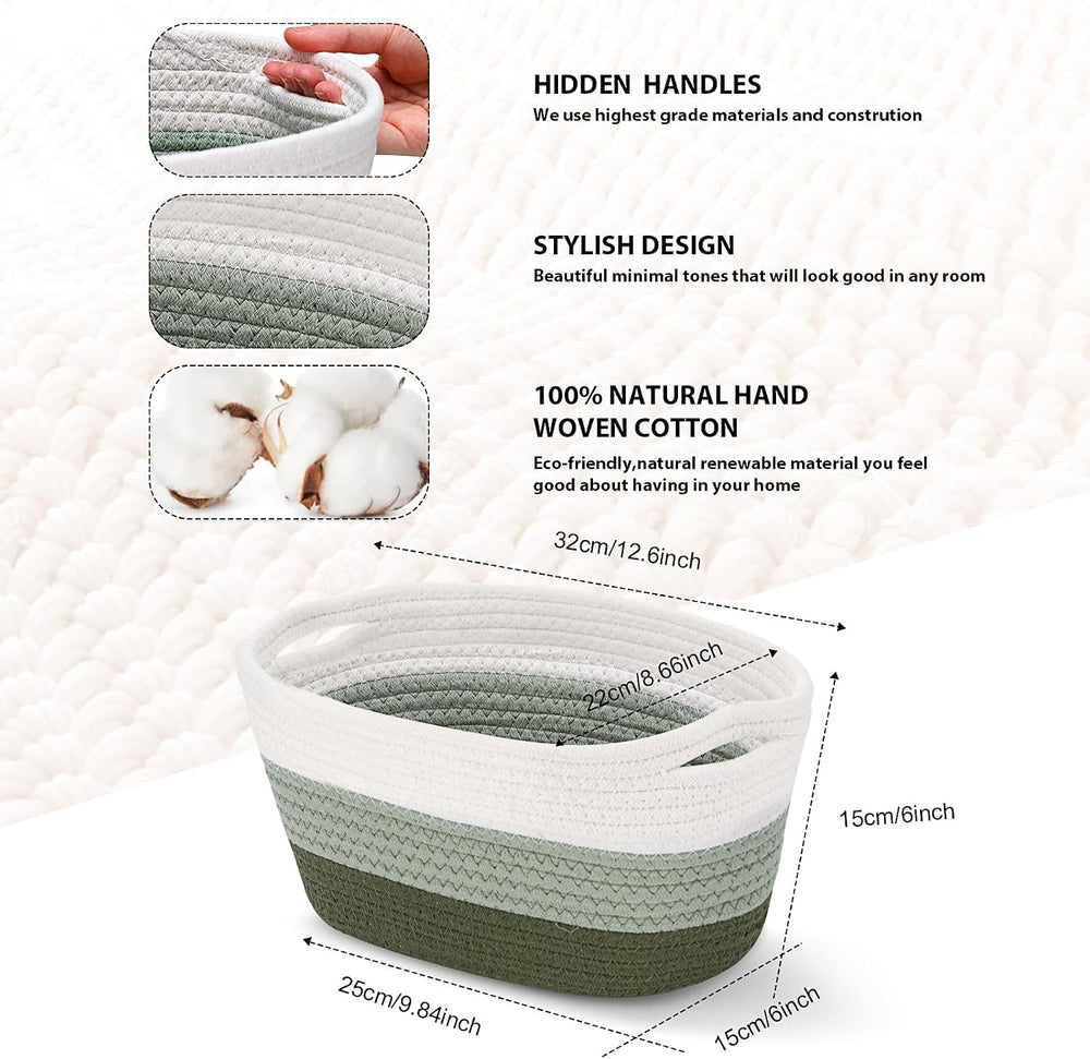 Sawysine 6 Pcs Storage Cotton Rope Baskets with Handles, Green and White