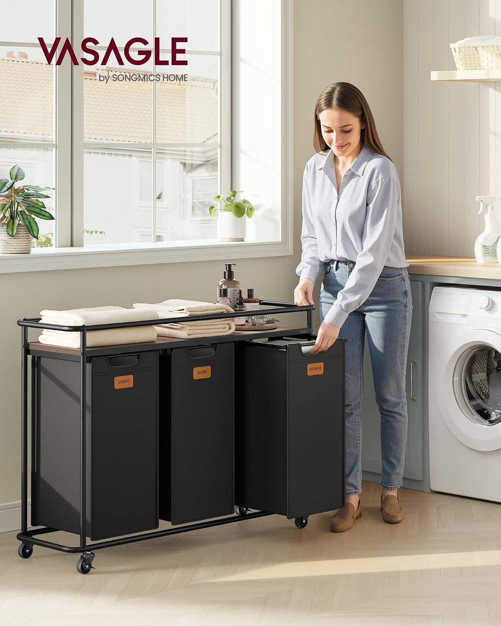 VASAGLE Laundry Sorter with Wheels, Portable Rolling Cart, 39.6 Gal.(150 L)
