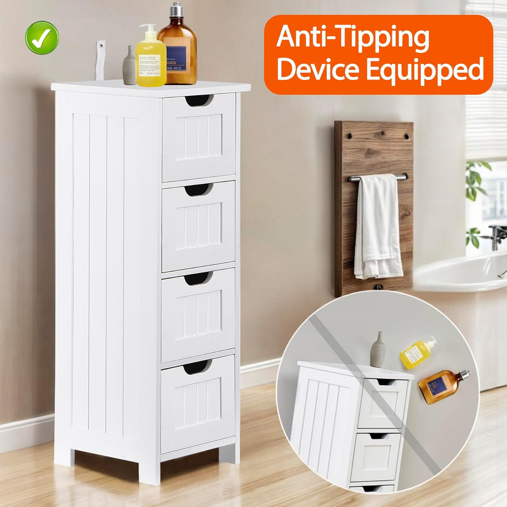 Bathroom Floor Storage Cabinet, Freestanding Wooden Side Organizer w/4 Drawer...