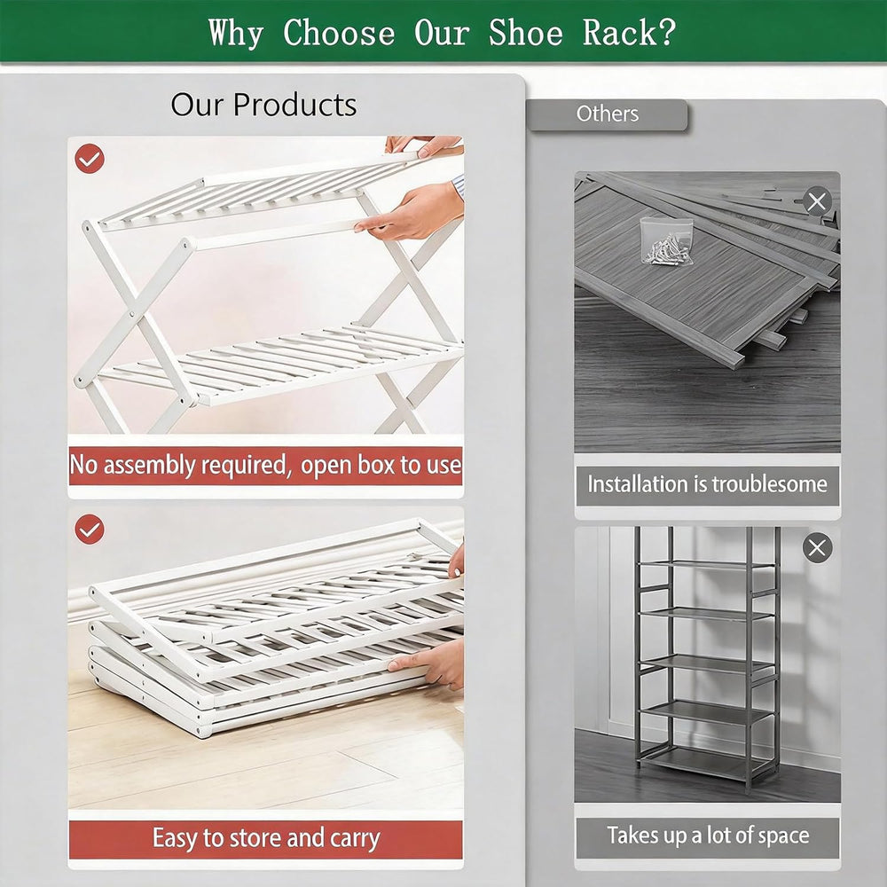 5 Tier Bamboo Shoe Rack White,Portable Folding Shoe Storage Rack,Without Inst...