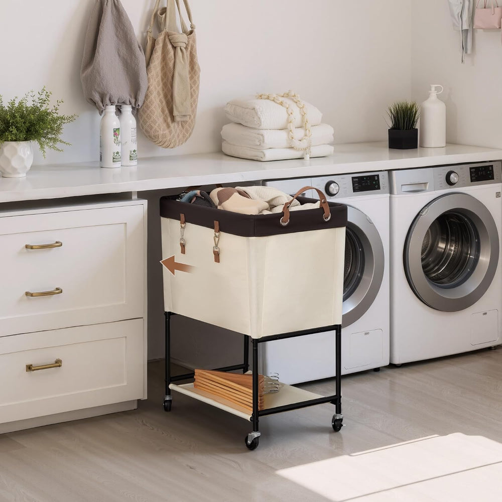 StorageWorks Laundry Cart, 2 Tier Rolling Basket with Wheels, 29 Gal, Beige