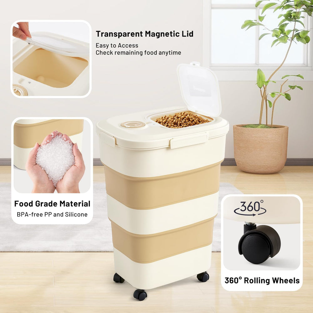 ZOMISIA 40-50lbs Collapsible Dog Food Storage Container with Wheels, Khaki