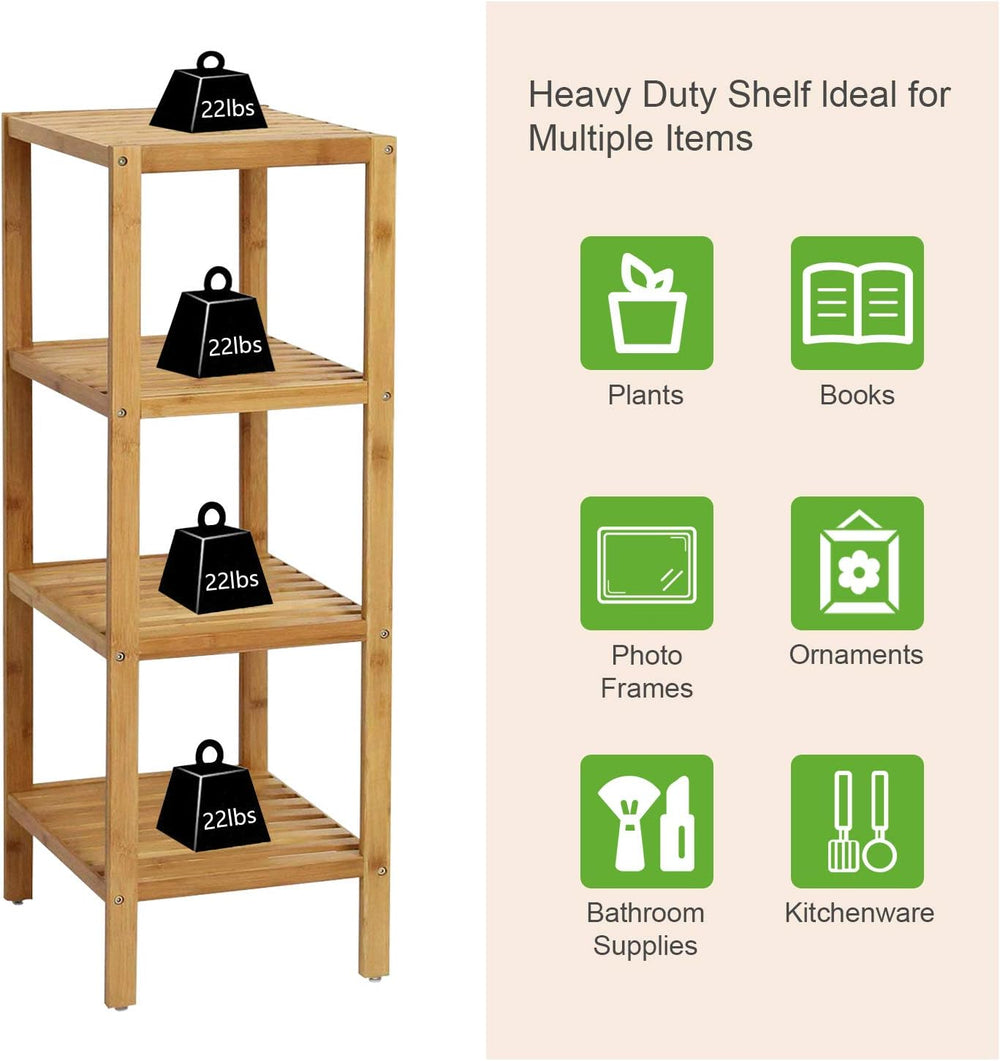 Bamboo Bathroom Shelf Square 4-Tier Storage Shelves Free Standing Rack Multif...