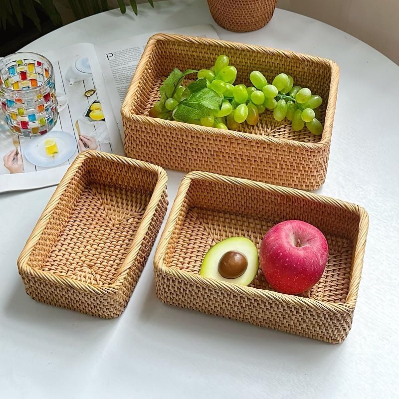 Rattan Storage Baskets, Wicker Baskets for Organizing, Hand Woven Fruit Baske...