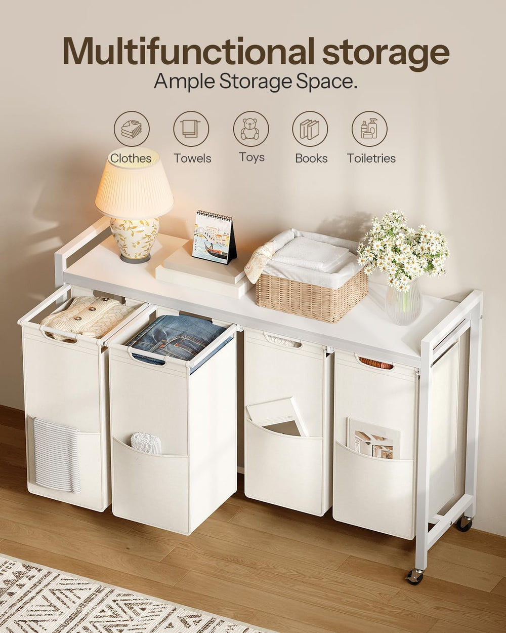 HOOBRO Laundry Sorter 4 Sections, Laundry Hamper with Wheels, 4 × 10.5 Gal (4...