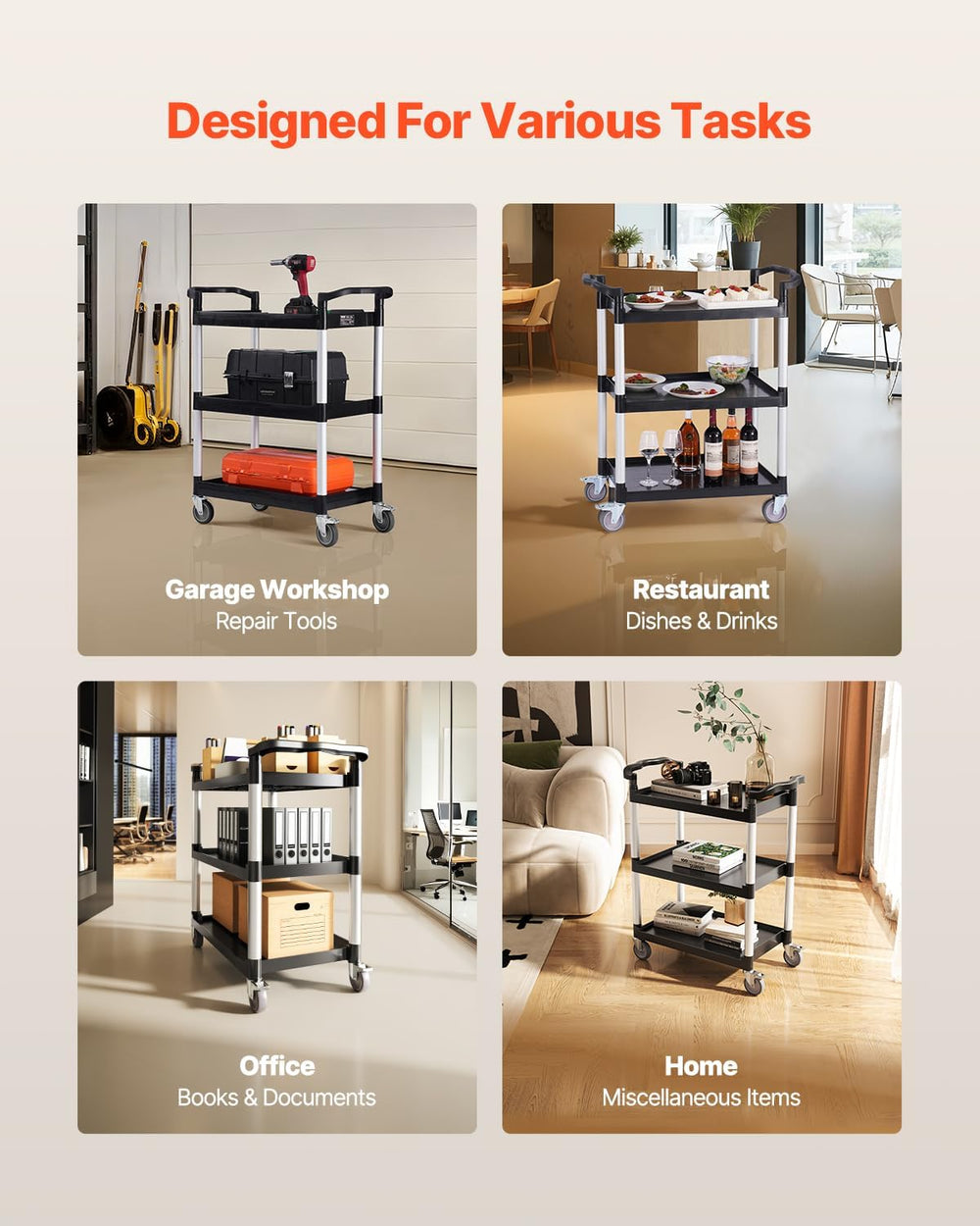 VEVOR Utility Cart, 300 lbs Load Capacity, 3-Tier Utility Plastic Cart with 3...