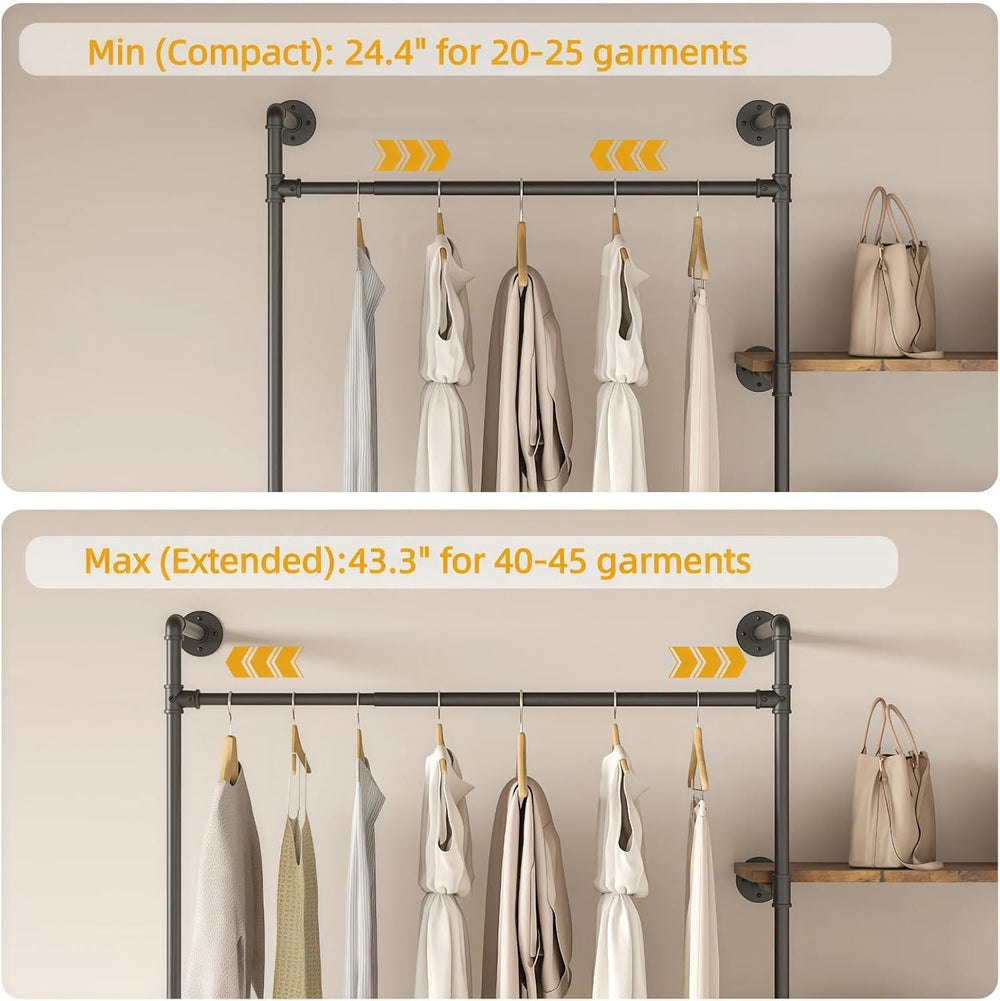 Expandable Industrial Pipe Clothing Rack with LED & Shelves