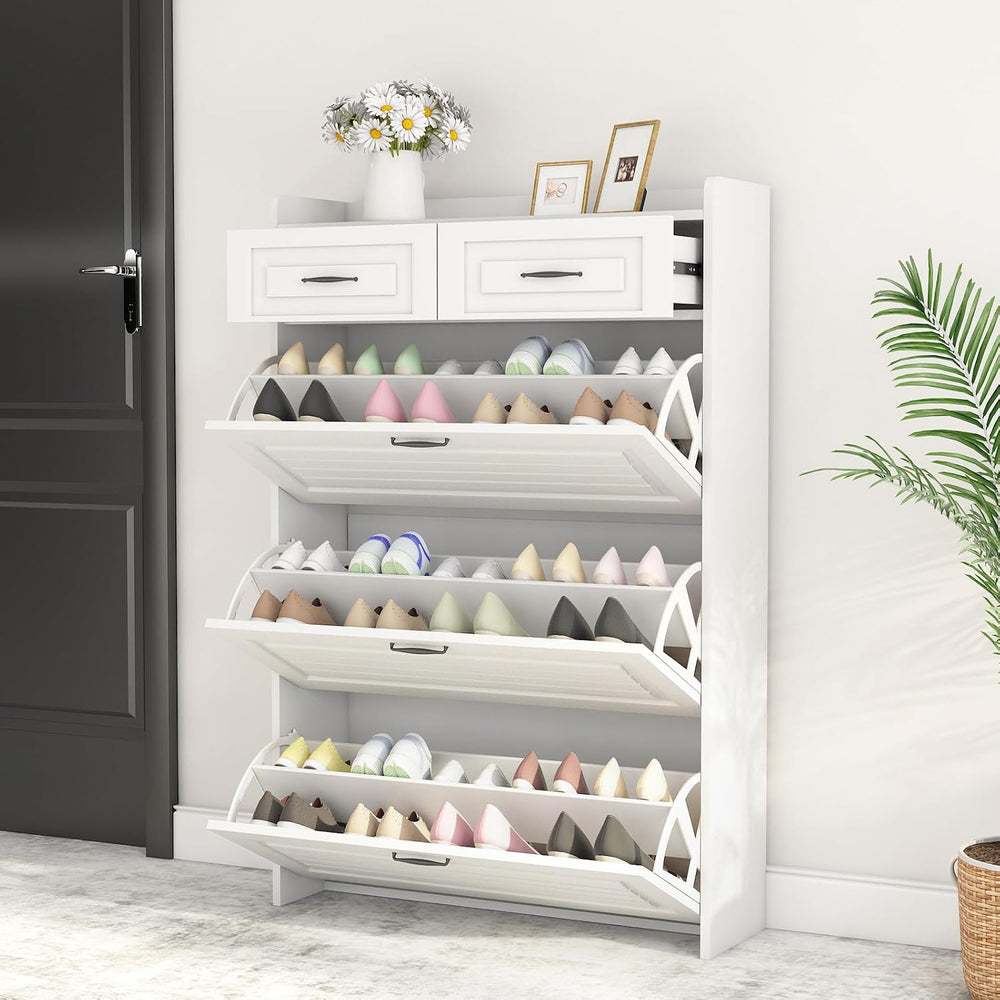 LUCKHAO Shoe Storage Cabinet with 3 Flip Drawers, White Freestanding Storage ...